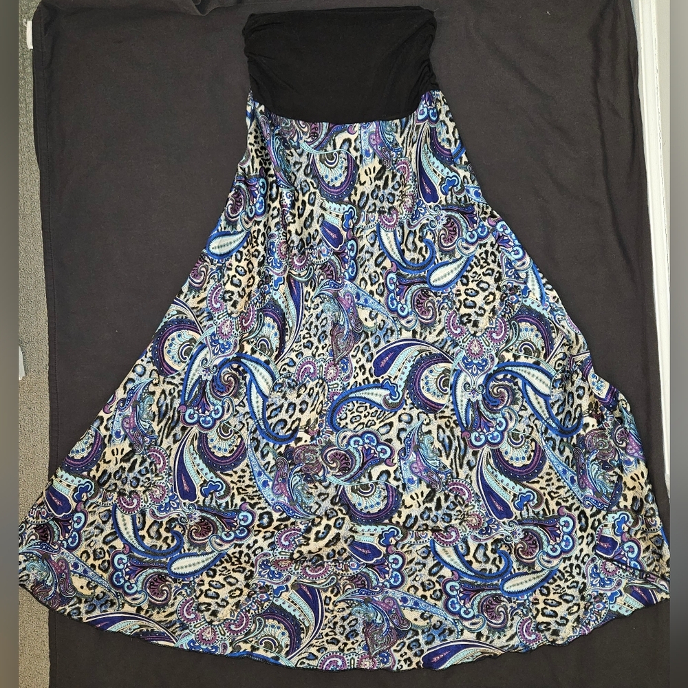 Paisley/Peacock Maxi Skirt. 41" Length. 7" Waist. Pull On. Can Be Worn As Dress